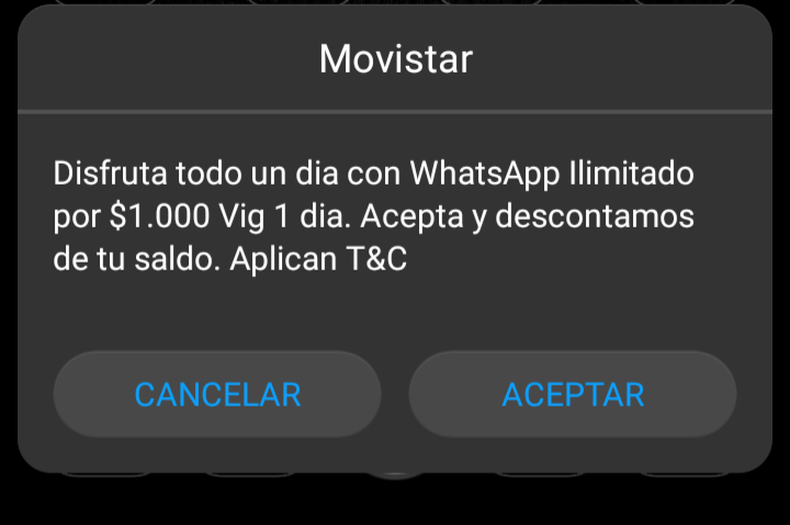 Mensaje 'push popup' Movistar coacciona comprar paquete del saldo.png